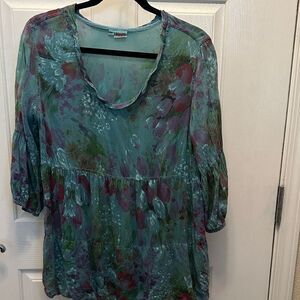 Tianello Teal and Burgundy Floral Blouse